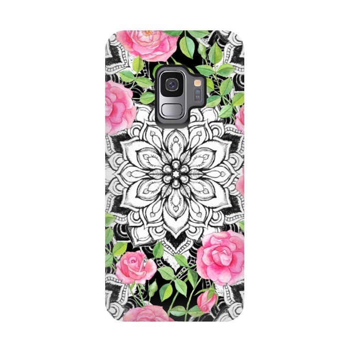 Galaxy S9 StrongFit Peach Pink Roses and Mandalas on Black and White Lace by Micklyn Le Feuvre