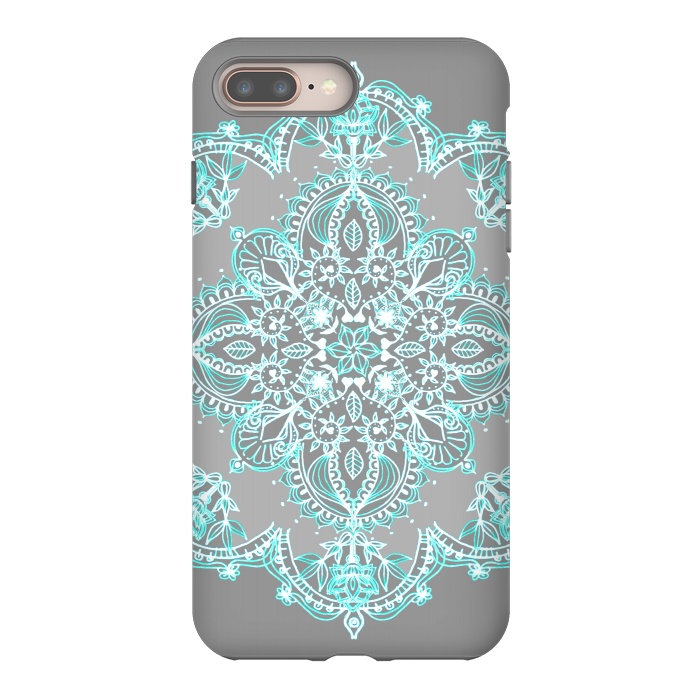 iPhone 7 plus StrongFit Teal and Aqua Lace Mandala on Grey  by Micklyn Le Feuvre