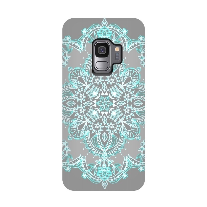 Galaxy S9 StrongFit Teal and Aqua Lace Mandala on Grey  by Micklyn Le Feuvre