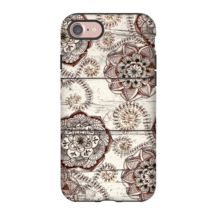 iPhone 7 StrongFit Coffee & Cocoa - brown & cream floral doodles on wood by Micklyn Le Feuvre