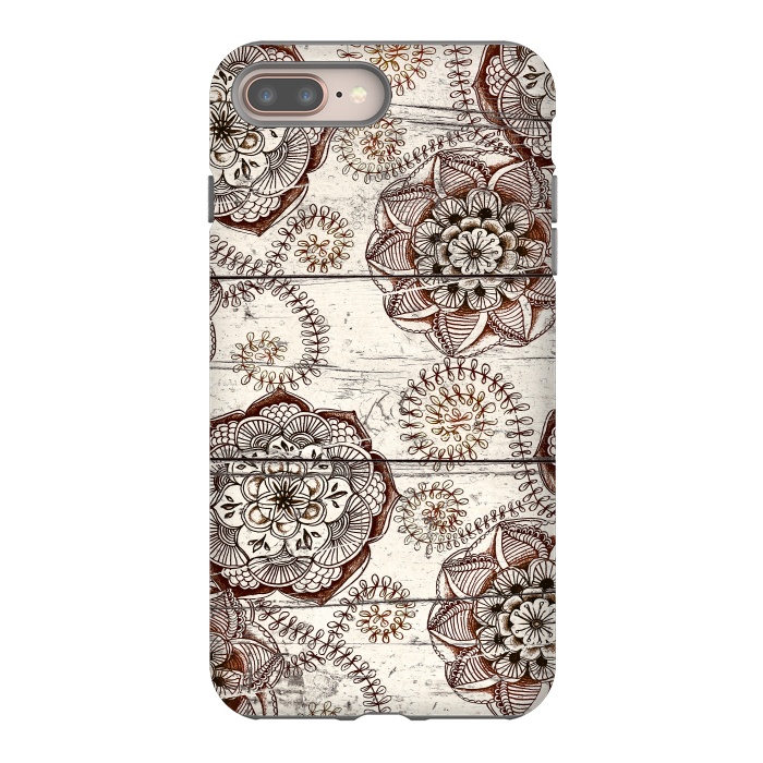 iPhone 7 plus StrongFit Coffee & Cocoa - brown & cream floral doodles on wood by Micklyn Le Feuvre