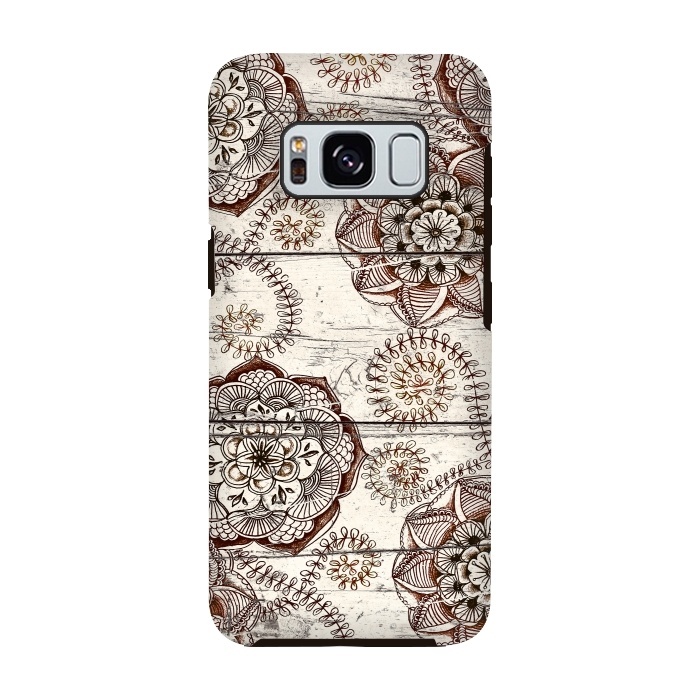 Galaxy S8 StrongFit Coffee & Cocoa - brown & cream floral doodles on wood by Micklyn Le Feuvre
