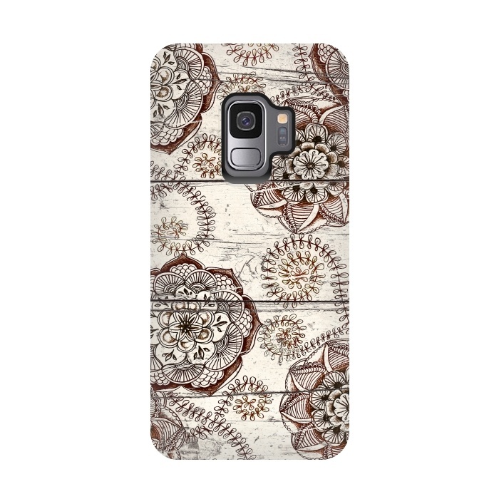 Galaxy S9 StrongFit Coffee & Cocoa - brown & cream floral doodles on wood by Micklyn Le Feuvre