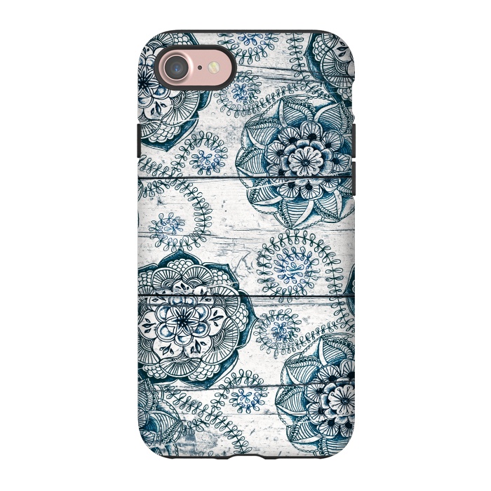 iPhone 7 StrongFit Navy Blue Floral Doodles on Wood by Micklyn Le Feuvre