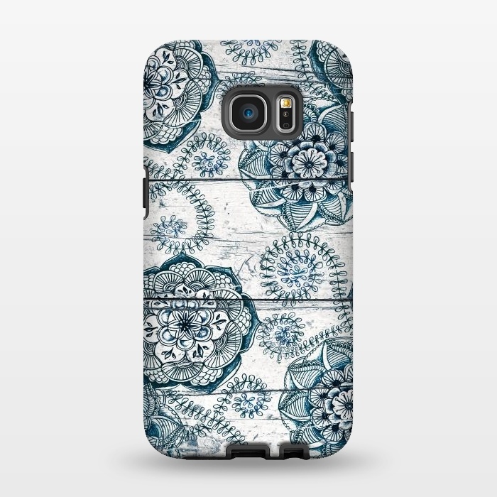 Galaxy S7 EDGE StrongFit Navy Blue Floral Doodles on Wood by Micklyn Le Feuvre