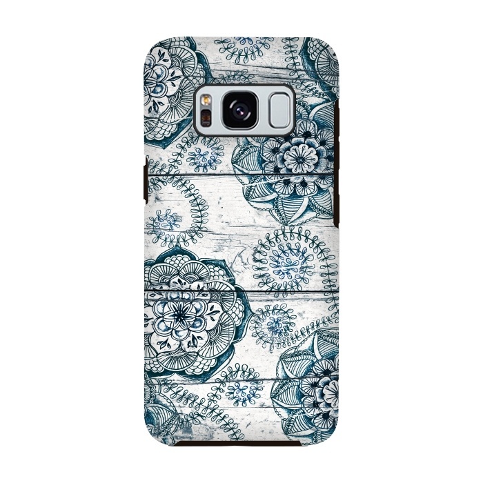 Galaxy S8 StrongFit Navy Blue Floral Doodles on Wood by Micklyn Le Feuvre
