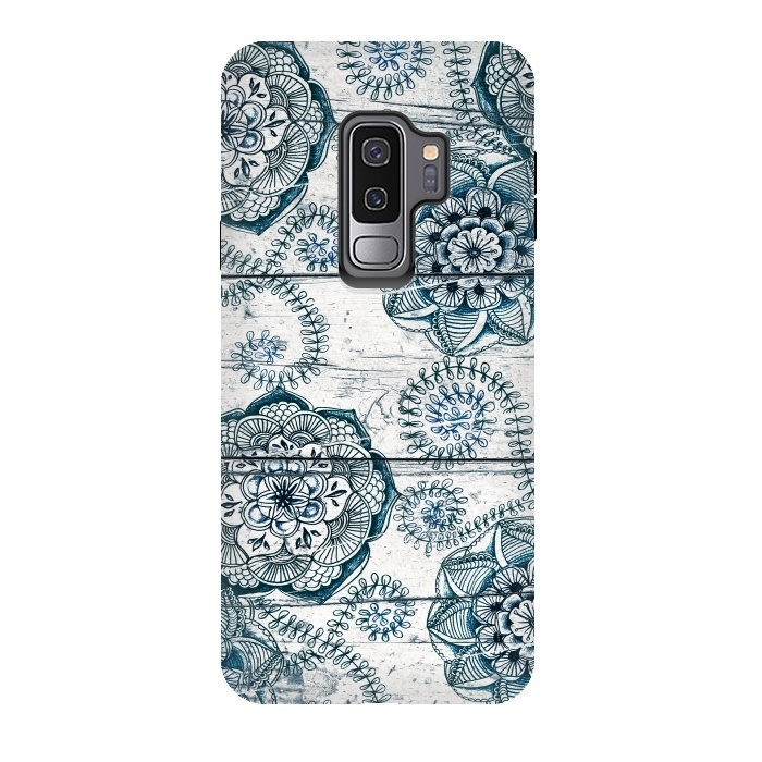 Galaxy S9 plus StrongFit Navy Blue Floral Doodles on Wood by Micklyn Le Feuvre