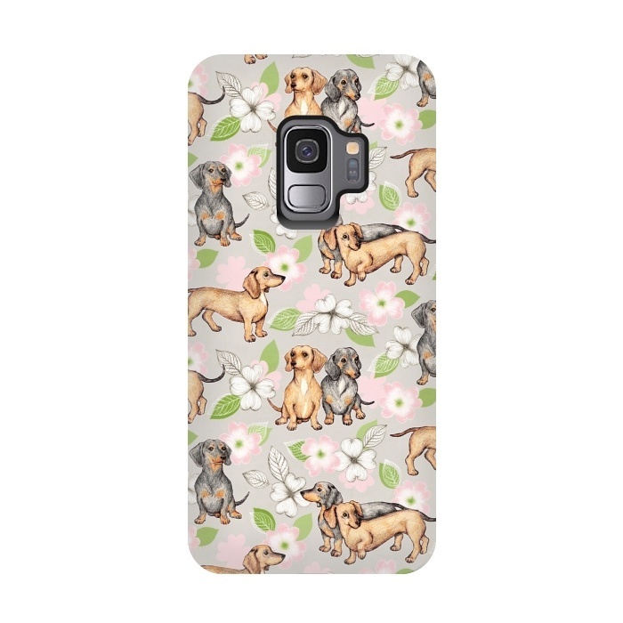Galaxy S9 StrongFit Dachshunds and dogwood blossoms by Micklyn Le Feuvre