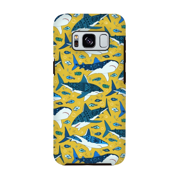 Galaxy S8 StrongFit Tribal Sharks & Fish On Mustard by Tigatiga
