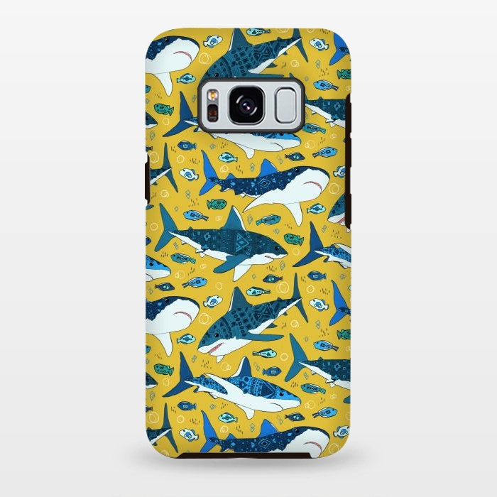 Galaxy S8 plus StrongFit Tribal Sharks & Fish On Mustard by Tigatiga