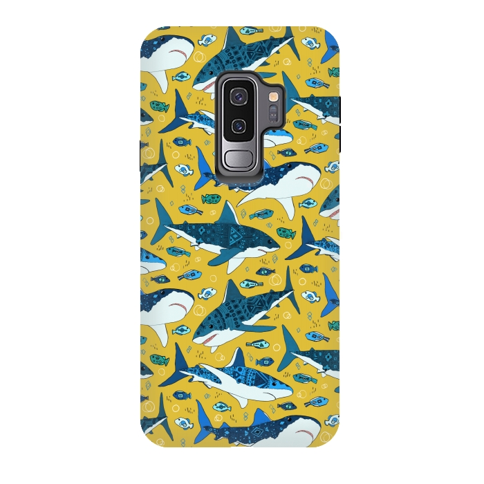 Galaxy S9 plus StrongFit Tribal Sharks & Fish On Mustard by Tigatiga