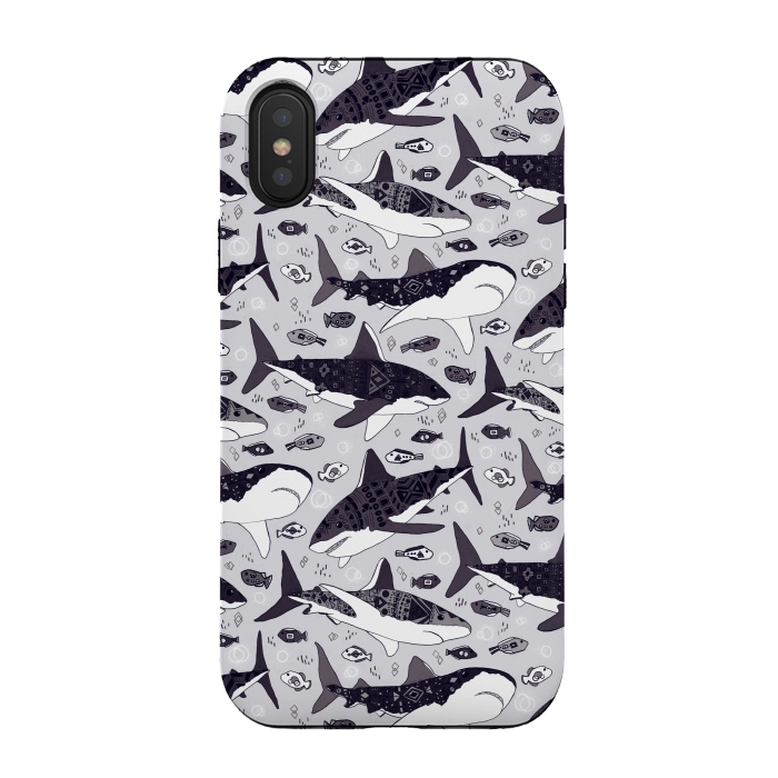 iPhone Xs / X StrongFit Black & White Tribal Sharks & Fish  by Tigatiga