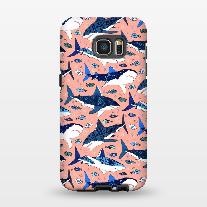 Galaxy S7 EDGE StrongFit Tribal Sharks & Fish On Pink by Tigatiga