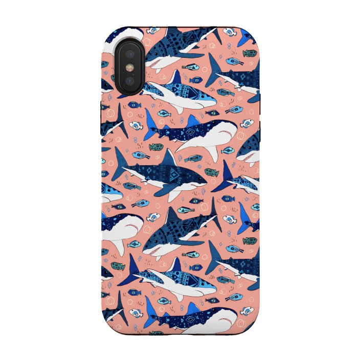 iPhone Xs / X StrongFit Tribal Sharks & Fish On Pink by Tigatiga