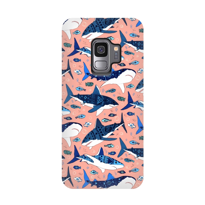 Galaxy S9 StrongFit Tribal Sharks & Fish On Pink by Tigatiga
