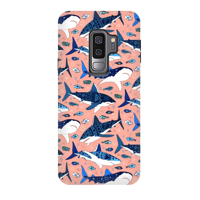 Galaxy S9 plus StrongFit Tribal Sharks & Fish On Pink by Tigatiga