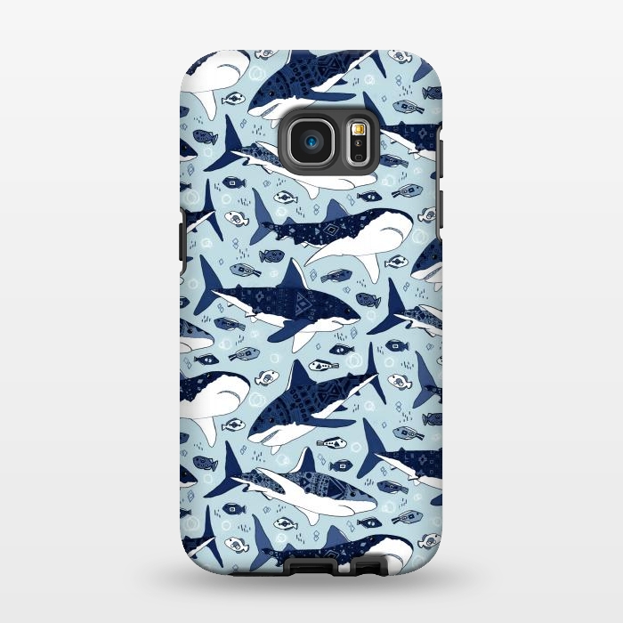 Galaxy S7 EDGE StrongFit Tribal Sharks & Fish On Baby Blue  by Tigatiga