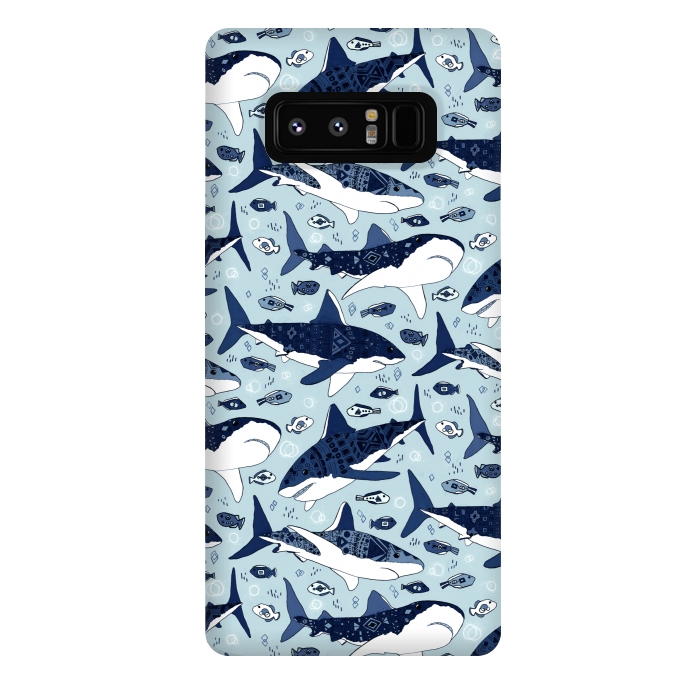 Galaxy Note 8 StrongFit Tribal Sharks & Fish On Baby Blue  by Tigatiga