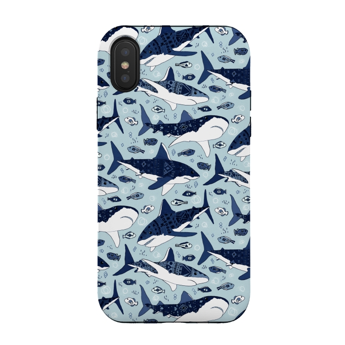 iPhone Xs / X StrongFit Tribal Sharks & Fish On Baby Blue  by Tigatiga
