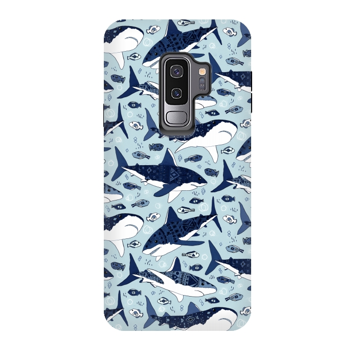 Galaxy S9 plus StrongFit Tribal Sharks & Fish On Baby Blue  by Tigatiga