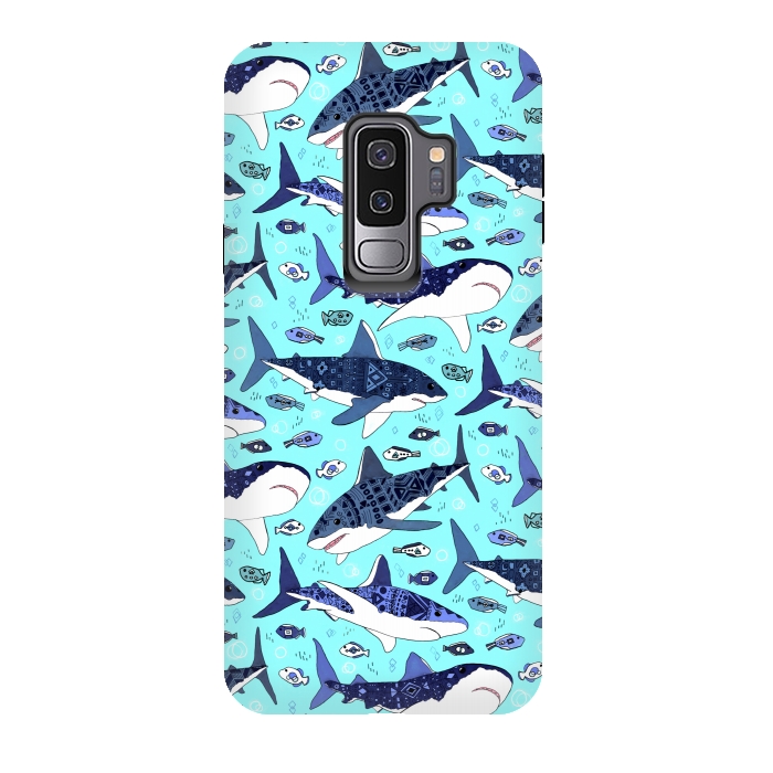 Galaxy S9 plus StrongFit Tribal Sharks & Fish On Aqua by Tigatiga
