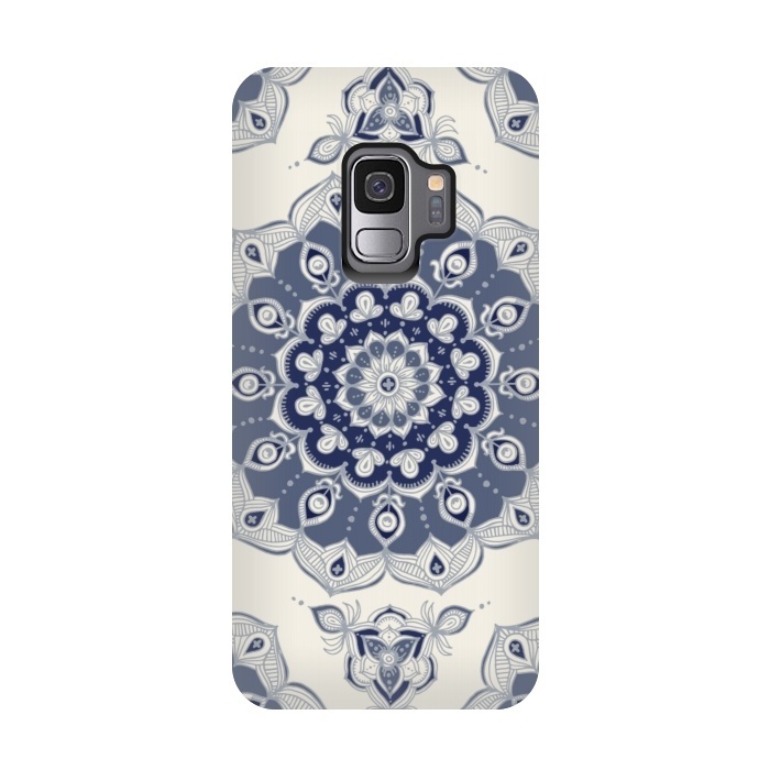 Galaxy S9 StrongFit Grey Blue Monochrome Floral Mandala by Micklyn Le Feuvre
