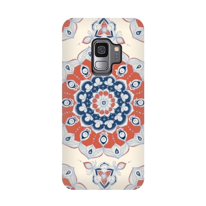 Galaxy S9 StrongFit Red, Blue and Cream Floral Mandala by Micklyn Le Feuvre