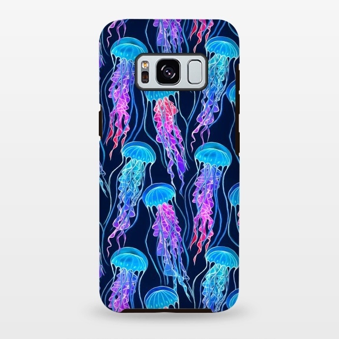 Galaxy S8 plus StrongFit Luminescent Rainbow Jellyfish on Navy Blue by Micklyn Le Feuvre