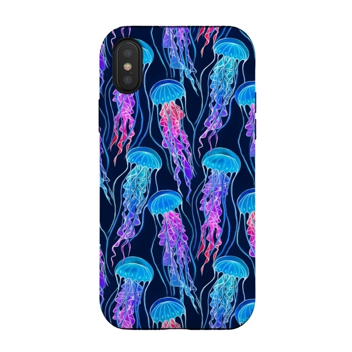 iPhone Xs / X StrongFit Luminescent Rainbow Jellyfish on Navy Blue by Micklyn Le Feuvre