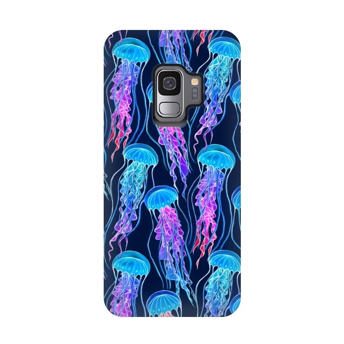Galaxy S9 StrongFit Luminescent Rainbow Jellyfish on Navy Blue by Micklyn Le Feuvre