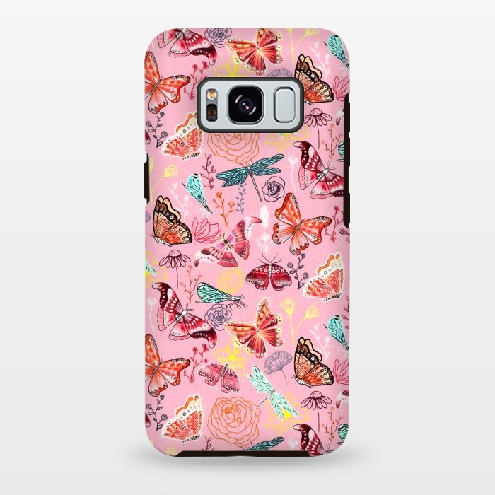 Galaxy S8 plus StrongFit Butterflies, Dragonflies and Moths on Pink  by Tigatiga