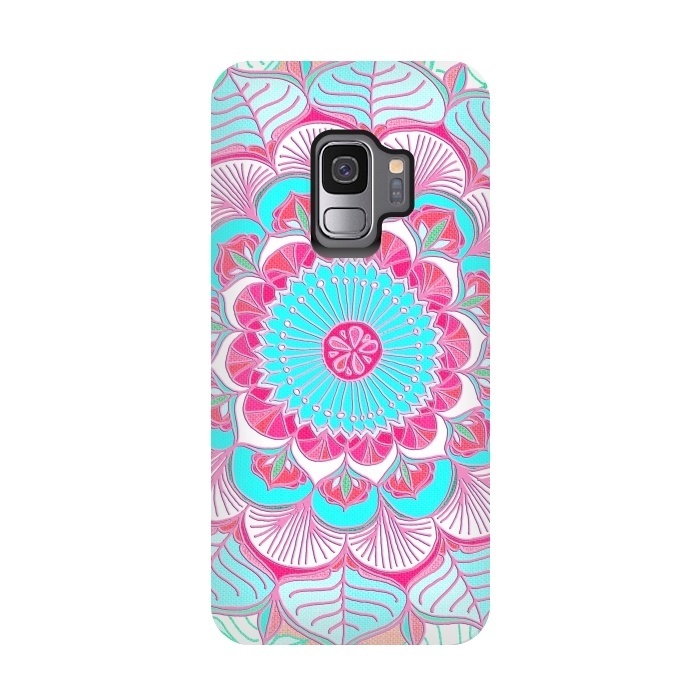 Galaxy S9 StrongFit Tropical Doodle Flower in Pink & Aqua by Micklyn Le Feuvre