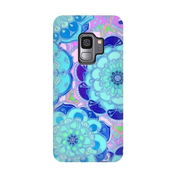 Galaxy S9 StrongFit Radiant Cyan & Purple Stained Glass Floral Mandalas by Micklyn Le Feuvre