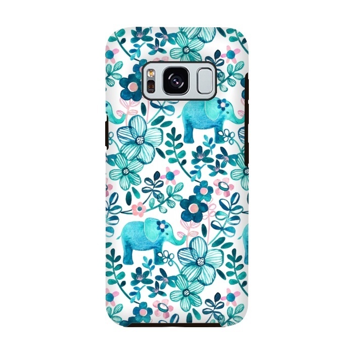 Galaxy S8 StrongFit Little Teal Elephant Watercolor Floral on White by Micklyn Le Feuvre