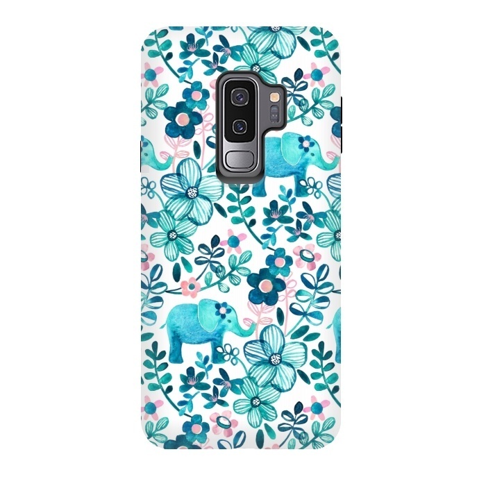 Galaxy S9 plus StrongFit Little Teal Elephant Watercolor Floral on White by Micklyn Le Feuvre