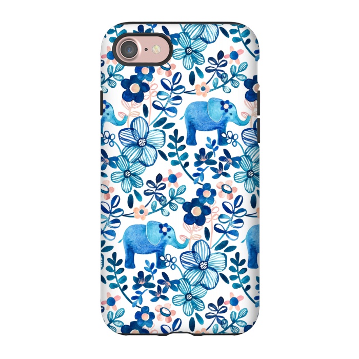 iPhone 7 StrongFit Little Blue Elephant Watercolor Floral on White by Micklyn Le Feuvre