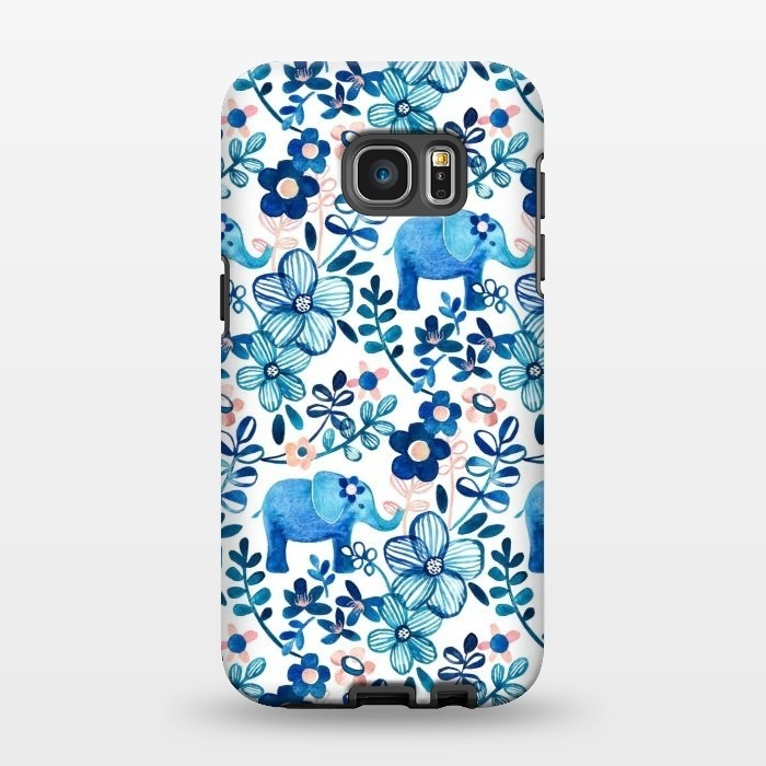Galaxy S7 EDGE StrongFit Little Blue Elephant Watercolor Floral on White by Micklyn Le Feuvre
