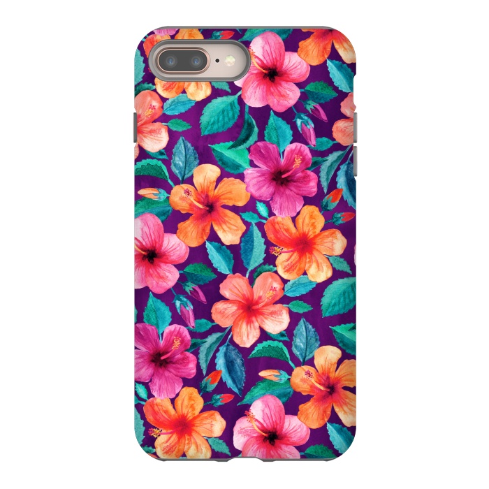 iPhone 7 plus StrongFit Little Bright Hibiscus Blooms in Watercolor on Purple by Micklyn Le Feuvre