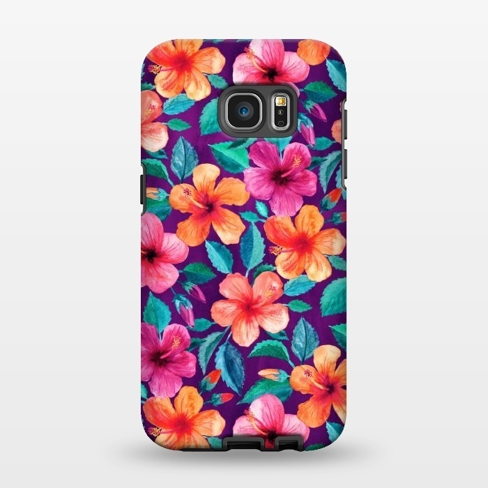 Galaxy S7 EDGE StrongFit Little Bright Hibiscus Blooms in Watercolor on Purple by Micklyn Le Feuvre