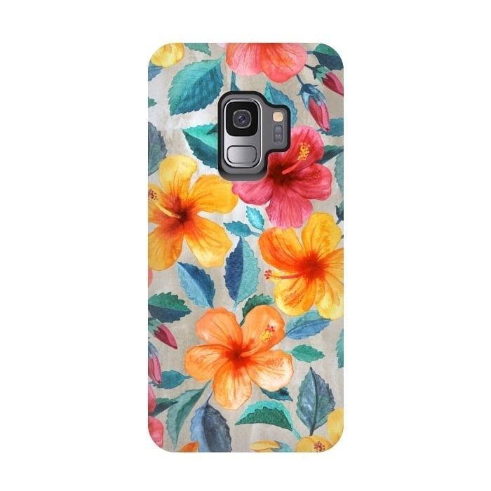 Galaxy S9 StrongFit Tropical Hawaiian Hibiscus Blooms in Watercolor by Micklyn Le Feuvre