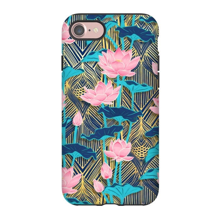 iPhone 7 StrongFit Art Deco Lotus Flowers in Pink & Navy by Micklyn Le Feuvre