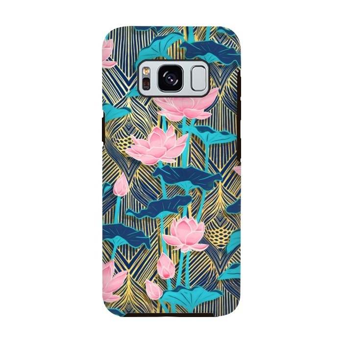 Galaxy S8 StrongFit Art Deco Lotus Flowers in Pink & Navy by Micklyn Le Feuvre