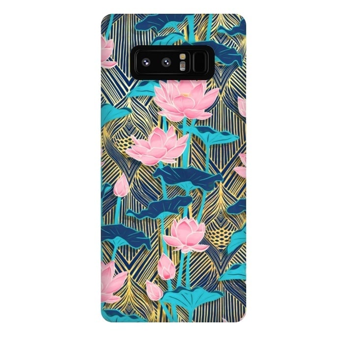 Galaxy Note 8 StrongFit Art Deco Lotus Flowers in Pink & Navy by Micklyn Le Feuvre