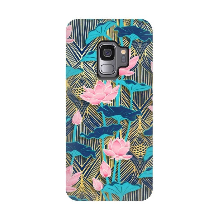 Galaxy S9 StrongFit Art Deco Lotus Flowers in Pink & Navy by Micklyn Le Feuvre
