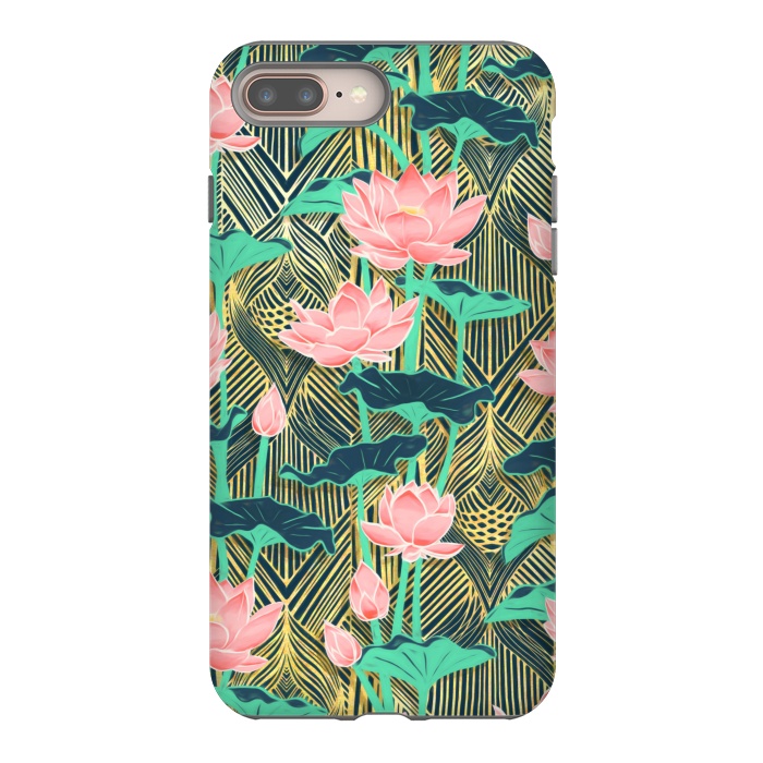 iPhone 7 plus StrongFit Art Deco Lotus Flowers in Peach & Emerald by Micklyn Le Feuvre