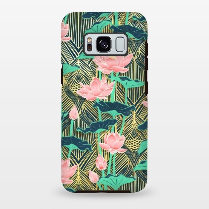 Galaxy S8 plus StrongFit Art Deco Lotus Flowers in Peach & Emerald by Micklyn Le Feuvre