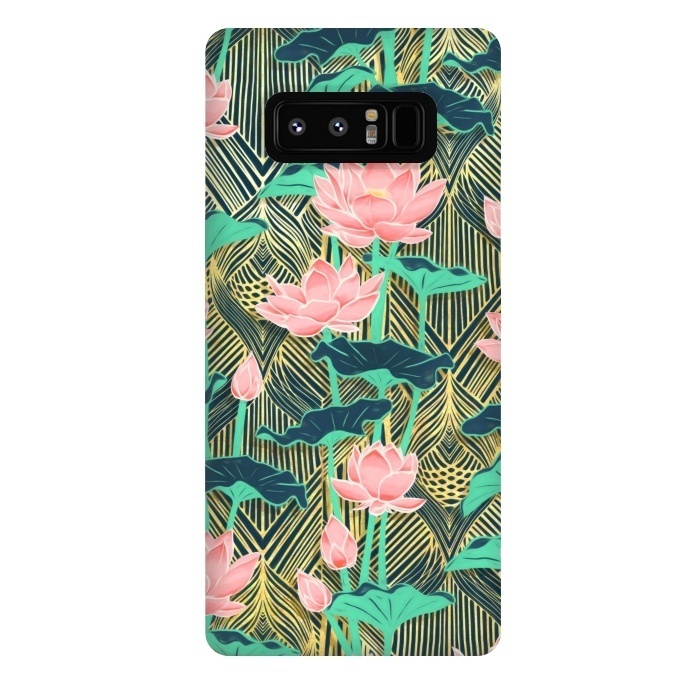 Galaxy Note 8 StrongFit Art Deco Lotus Flowers in Peach & Emerald by Micklyn Le Feuvre
