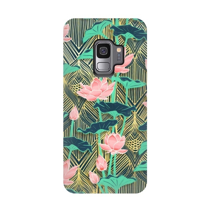 Galaxy S9 StrongFit Art Deco Lotus Flowers in Peach & Emerald by Micklyn Le Feuvre