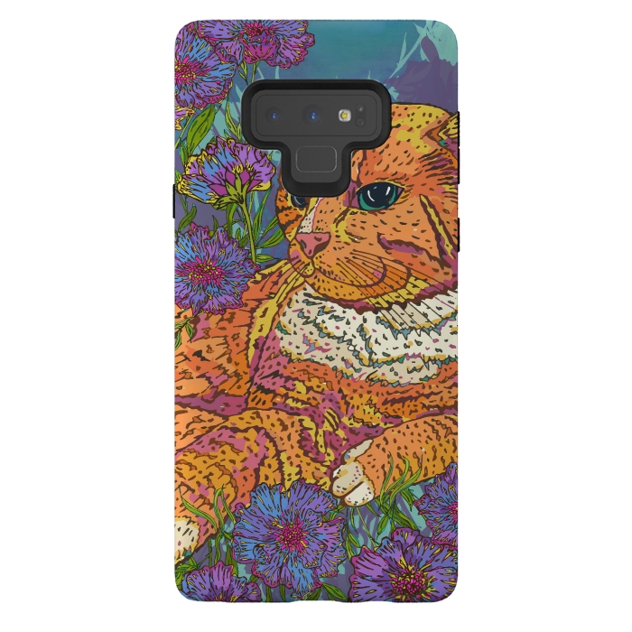 Galaxy Note 9 StrongFit Ginger Cat in Flowers by Lotti Brown