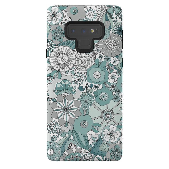 Galaxy Note 9 StrongFit Flowers, Flowers Everywhere Teal and Gray by Paula Ohreen